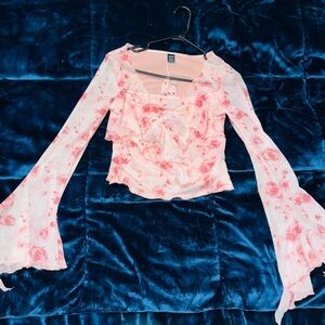 SHEIN Pink Floral Bell Sleeve Blouse